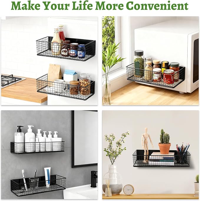 2 Pack Magnetic Basket for Fridge, Magnetic Spice Rack for Side of Refrigerator, Magnet Wire Bin Basket Fridge Shelf Organizer Kitchen Classroom Whiteboard Pantry Office Laundry Storage, Black