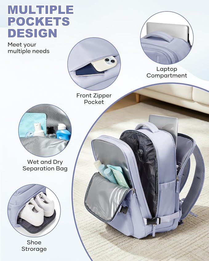 WONHOX Vacuum Seal Backpack for Travel with Air Pump 18x14x8 inches Vacpack Carry on Flight Approved Compression Daypack Laptop Space Saver Bag Storage with Vacuum System Travel Bag Women TaroPurple