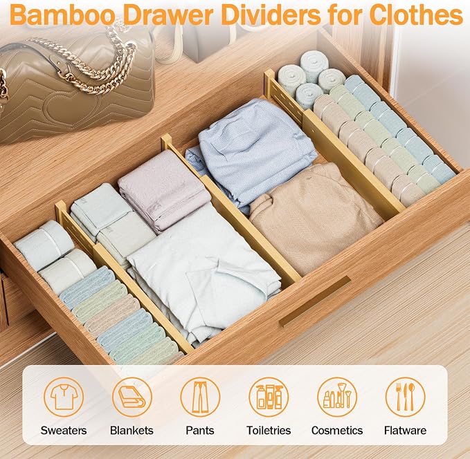 Bamboo Drawer Dividers, 4" High Drawer Organizers for Clothes/Utensils | 16.5-21.8" Expandable Wooden Drawer Separators for Dresser, Kitchen, Bathroom, Nursery, Office Organization & Storage, 4 Pack