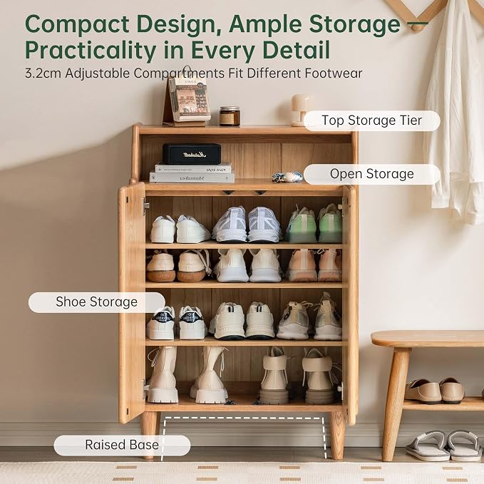 Solid Wood Shoe Cabinet with Doors, Shoe Storage Cabinet with 4-Tier Adjustable Shelves, Mid Century Modern Shoe Rack Cabinet for Entryway, Hallway, Oak Wood, 13.8" x 31.5" x 43.3" (Natural)