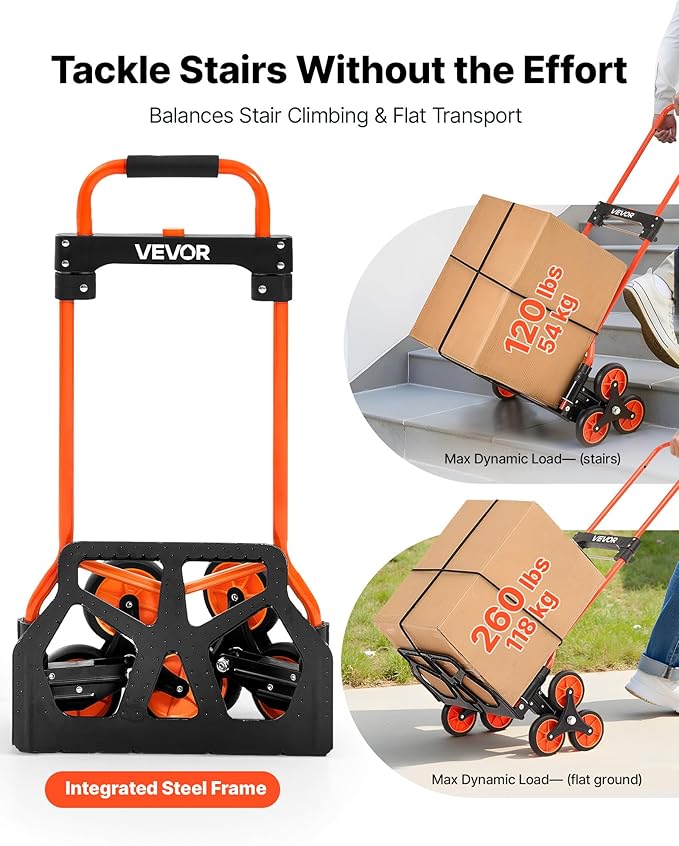 VEVOR Stair Climbing Cart 260 LBS, Portable Folding Aluminum Trolley Dolly for Stairs with Telescoping Handle, 6 Mute Wheels & 2 Ropes, Stair Climber Dolly for Home, Groceries, Warehouse
