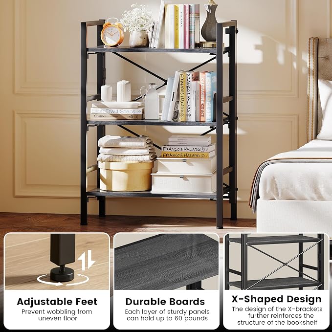 Homeiju Folding Bookshelf No Assembly, 3 Tier Bookcase Foldable Shelf with X-Bracket Design, Adjustable Feet, Space Saving Storage for Living Room, Office