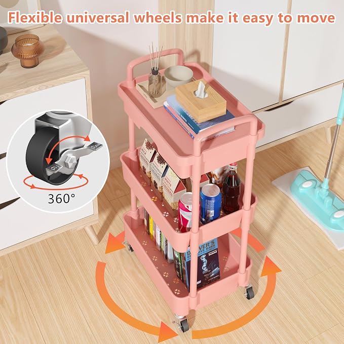 Calmootey 3-Tier Rolling Utility Cart with Drawer,Multifunctional Storage Organizer with Plastic Shelf & Metal Wheel,Storage Cart for Kitchen,Bathroom,Living Room,Office,Pink | Space-Saving Organizer, Sturdy Plastic Shelves, Smooth-Rolling Metal Wheels...