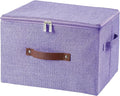 Storage Bins with Zipper Lid Foldable Fabric Lidded Storage Boxes Baskets Cubes Washable Collapsible PU Leather Handle Cotton Linen Shelves Closet Organizer Container(Purple, Large Size)