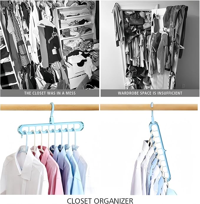 9 Space-Saving Hangers Heavy-Duty PP Plastic Tiered Hanger Organizer with Non-Slip Foldable Design, for Closet (Blue, 5)