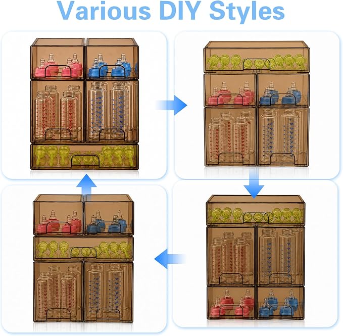 Baby Bottle Organizer, 5 Pack Tea Brown Acrylic Stackable Storage Drawers, Baby Bottle Storage Organizer for Countertop, Nursery, Vanity & Cabinet