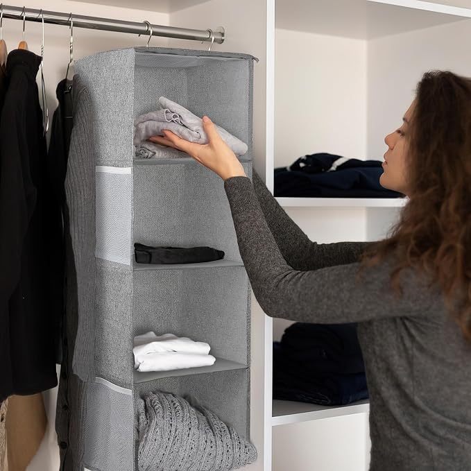 Hanging Closet Organizer with Hook, Collapsible 4-Shelf Closet Organizers, Hanging Shelves for Clothes Shoes Towels Sweater 32 * 12 * 12 Inches