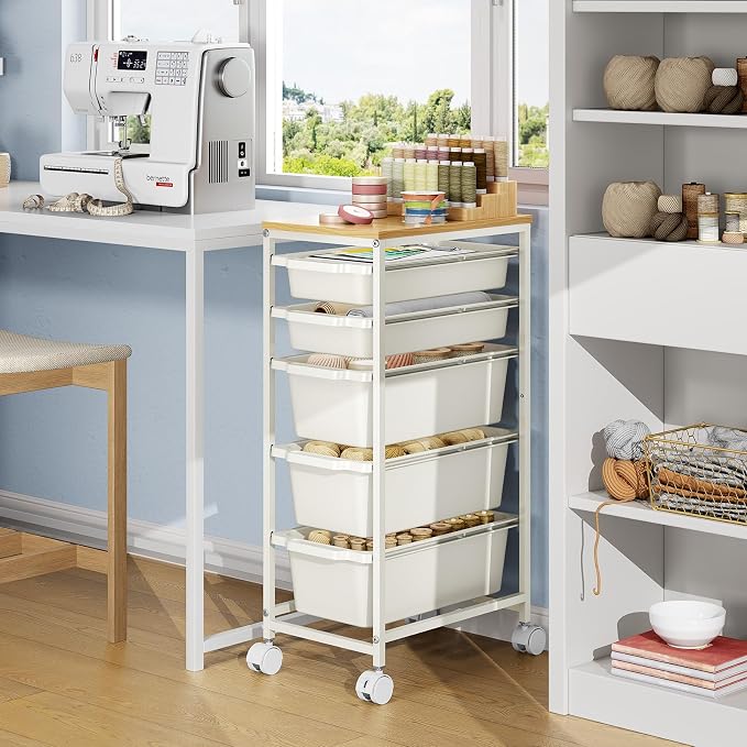 Slim Rolling Storage Cart with 5 Drawers, Craft Organizer, Wooden Tabletop Utility Cart for Bedroom, Children's Room and Office Organization, Table Side Trolley with Lockable Wheels, White
