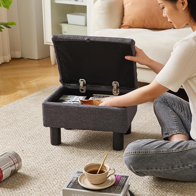 Aibiju Small Foot Stool Ottoman with Storage, Linen Foot Rest with Wood Legs Safety Hinge Flip Top, Bedside Step Stool Rectangle 16x12x9.5inch for Living Room Bedroom Dark Gray YD-JD1363