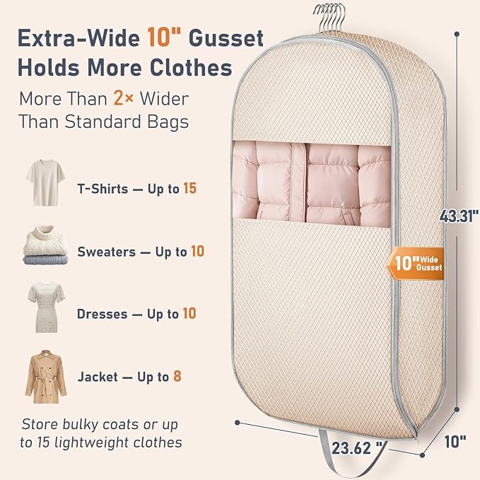 DIMJ Garment Bags for Hanging Clothes 10" Gusseted, Space Saving Compression Suit Bag Travel with Handles Window, Washable Carry Clothing Storage Cover for Dress, Coats, Jacket, Shirts,43" 2 Pack