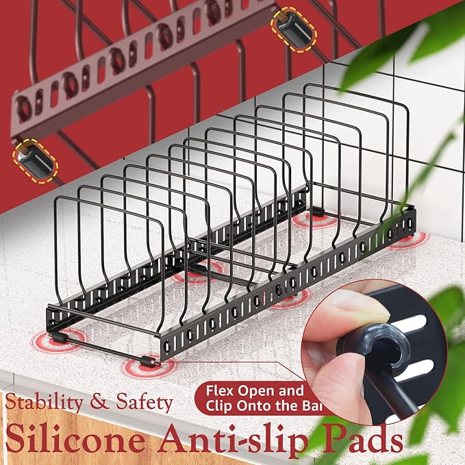 HzTinT Cutting Board Organizer Rack for Cabinet, Expandable 11.3"-22.5" Adjustable Divider Cutting Board Holder and Pot Lid Organizer, Kitchen Cabinet Organizer for Bakeware, Black