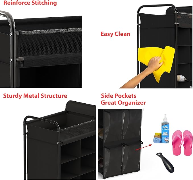 Simple Houseware 16 Cube Shoe Stand Tower Rack 8 Tier, Black | Top Shelf and Side Hanging Pockets