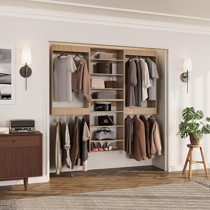 ROOMTEC Modular Closet System, 78" Wall-Mounted Closet Organizer with Hanging Rods and Shelves, Wooden Tower for Walk-In Closets, Wardrobe Storage Kit, Wood
