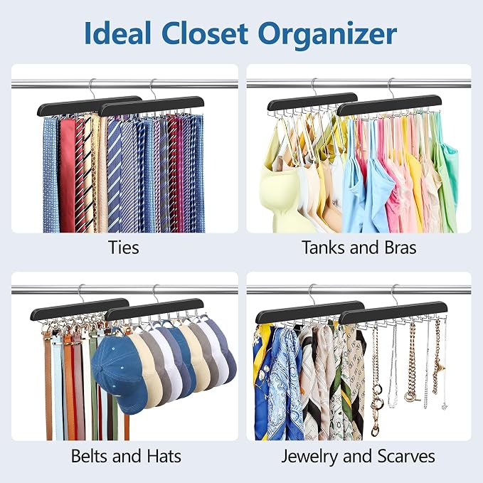 2 Pack Tie Rack & Belt Hanger 2 in 1 Tie Hanger Space Saving Max 42 Belts& 60 Ties (Black, 2 Pack Tie Hangers)