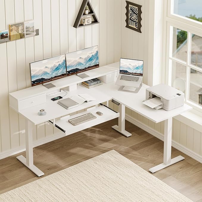 Casaottima 59" L Shaped Electric Standing Desk with Drawers, White | Monitor Stand, Keyboard Tray, Fabric Drawer, Power Outlets, Height Adjustable Corner Stand Up Desk for Organized Home Office