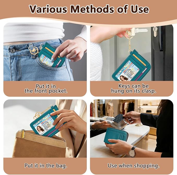 GIANCOMICS Slim Wallet Credit Card Holder Women, Peacock Blue Rfid Blocking Small Card Case, Keychain Thin Pocket Curved Zipper Wallet, Travel Card Holder PU Leather ID Window, Ladies Female Gifts