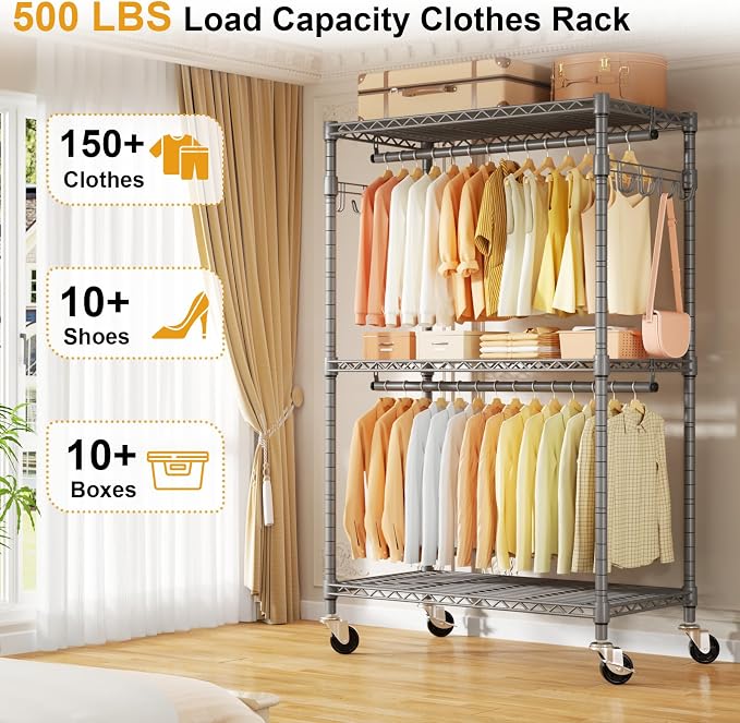 ULIFHOME P1 Rolling Clothing Rack with Lockable Wheels, Heavy-Duty Garment Rack for Hanging Clothes, Portable Closet Wardrobe with Shelves, 35.5" W x 15.7" D x 80.5" H, Hold 500lbs, Grey