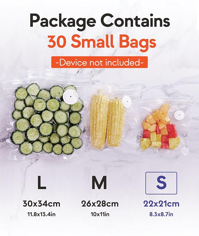 GIRAFFYCO 30 Small Reusable Vacuum Sealer Bags, 8.7 x 8.3 in, Airtight Food | BPA-Free Airtight Bags with Detachable Valve for Handheld Vacuum Sealer, Freezer, Fridge, Meal Prep & Snacks