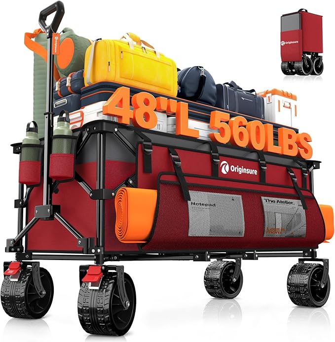 Originsure 48" L Collapsible Wagon Cart Foldable, 560lbs Weight Capacity 300L Heavy Duty Folding Beach Wagons with Big All-Terrain Wheels, Utility Carts for Groceries, Camping, Sports - Grey&Red