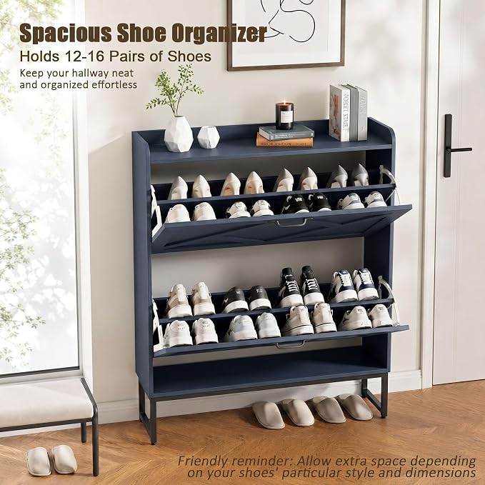 Nicetree Shoe Cabinet Storage for Entryway, Slim Shoe Storage Cabient with 2 Flip Drawers, Narrow Vertical Shoe Rack Cabinet with Metal Hooks, Small Space Solution for Hallway, Blue