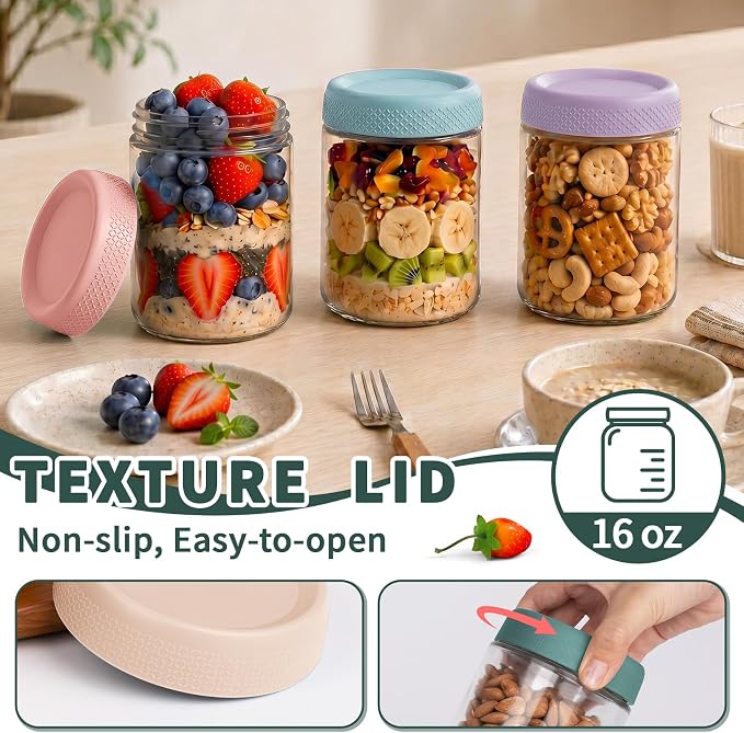 Mason Jars, 16 oz Overnight Oats Containers with Lids, Glass Jar with Lid | 6 Pack Wide Mouth Glass Mason Jars with Airtight Lids, Overnight Oats Jars for Yogurt, Meal Prep, Chia Pudding, Storage, Home