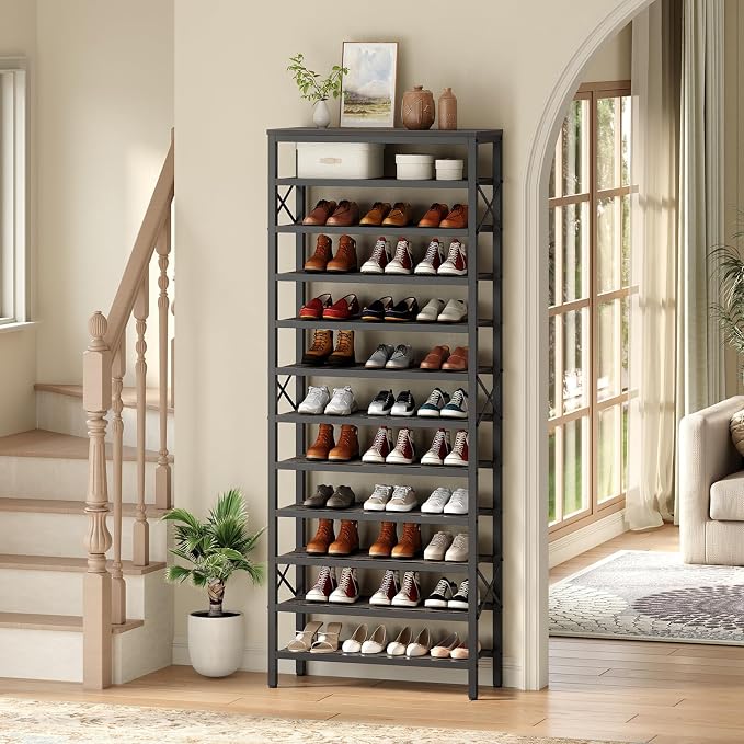 YATINEY 12-Tier Tall Shoe Rack Organizer, Wooden Shoe Storage for Closet Holds 48 Pairs, Sturdy Shoe Shelf with X-Shaped Metal Support, for Entryway, Bedroom, Charcoal and Black SS212BC