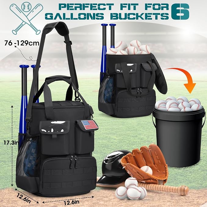 RAINSMORE Baseball Bucket Bag Baseball Coaches Accessories Organizer with Insulation Pocket Tactical Softball Bag with Anti-Slip Bottom, Multiple Pockets for Bat, Gloves, Scoreboards