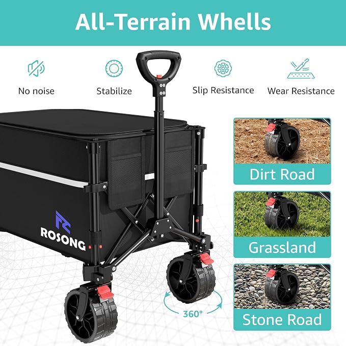 ROSONG Collapsible Wagon Cart with Wheels Foldable - Folding Utility Heavy Duty Wagons Carts for Grocery Sports Garden Shopping Camping Wheelbarrows (Black with Cover, 120L)