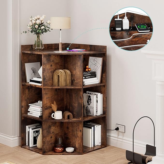 HedoAjim Corner Cabinet, Corner Storage Shelf with USB Ports and Outlets Industrial Organizer for Small Space Wooden 9-Cubby Bookshelf for Study, Playroom, Living Room (Rustic)