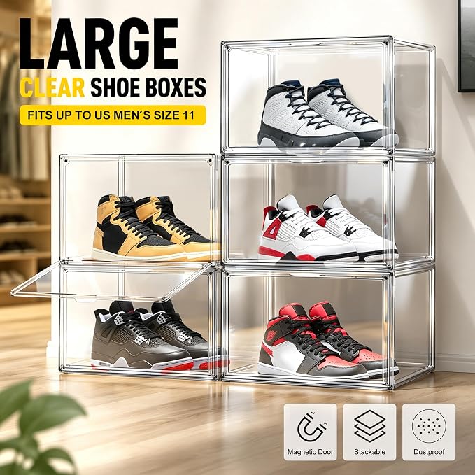 12 Pack Clear High-Top Sneaker Storage Boxes, Acrylic Shoe Organizer | Extra height 10.6'' for high-top sneakers & athletic footwear Size 11.Stackable display design keeps collections organized