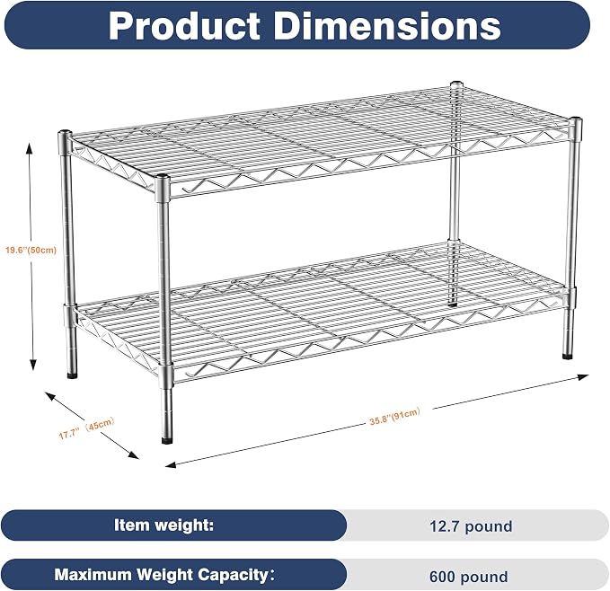 2-Tier Heavy Duty Shelving Unit,Wire Shelf Rack with Lockable Wheels | 36" Wx18 Dx19.5H,Height Adjustable Metal Storage Shelves Organizer for Living Room,Garage,Kitchen,Office,Laundry,Pantry