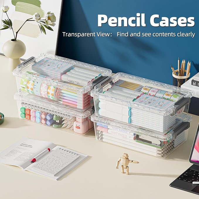 BiuLeon 4 Pack Extra Large Pencil Box, Plastic Pencil Case Organizer, Clear Crayon Box Marker Organizer, Stackable Craft Organizers and Storage for Pen, Craft, Art Supply(Green)