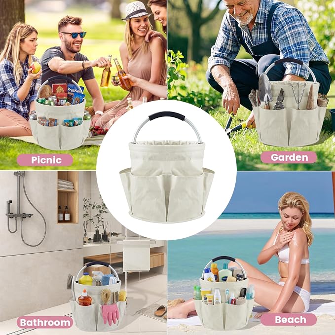 Cleaning Caddy with Handle, 17L Cleaning Supplies Organizer, Off-White | 600D Oxford Fabric Storage Basket with 6 Pockets, Multifunctional Bucket Bag for Picnics, Camping, Gardening, Bathing