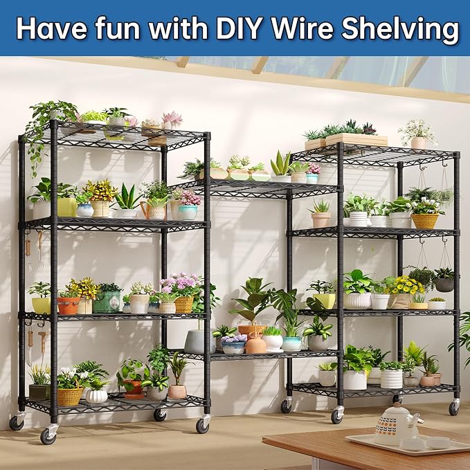 Wire Storage Shelves with Wheels: 5 Tier Adjustable Metal Shelving Unit, Heavy Duty Bakers Rack Rolling Pantry Shelf Organizer for Closet, Kitchen, Laundry 24" W x 18" D x 75" H, Black, 4PCS