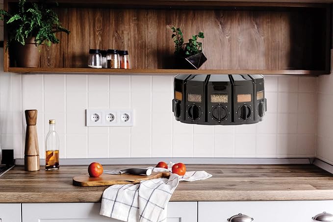 Kitchen Art Spice Rack Select-A-Spice Auto-Measure Carousel 12 Compartments Black 8.75 x 8.75 x 6 inches | 12 Spice Canisters | 55 Labels Included | Revolving Spice Rack | Each Jar Dispenses 1/4 Teaspoon With Each Twist | Mountable