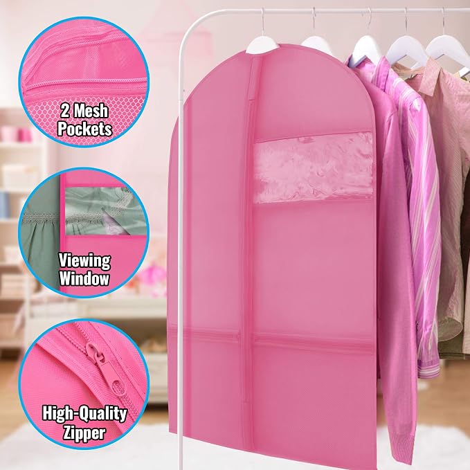 Plixio 36" Kids Garment Bags for Dance Costumes, Childrens Hanging Clothes, Uniform, Suits, Girls Dress Recital Outfit Organizer Dance Garment Bags For Dancers with Zippered Pockets (6 Pack :36",Pink)