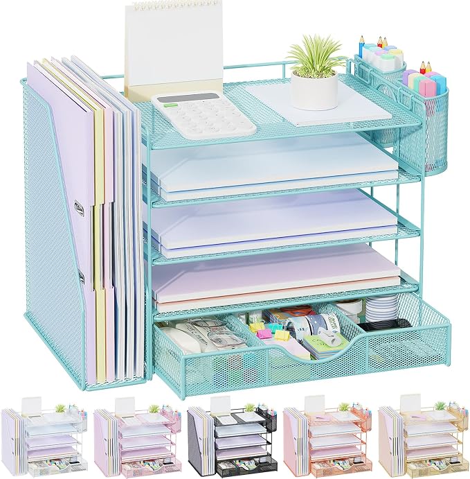 gianotter 5-Tier Desk Organizer with Drawers, File Holders, Letter Trays and Pen Holders - Workspace Accessories for Office Supplies (Blue)