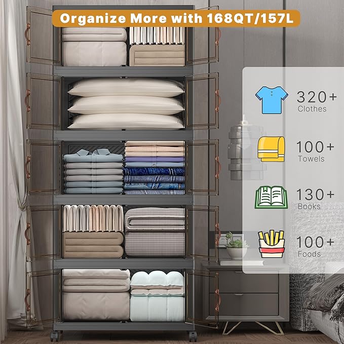 UAMFURI Extra Large Stackable Storage Bins with Lids & Wheels, Foldable Collapsible Closet Organizers Dark Storage Cabinet with Doors for Bedroom Dorm