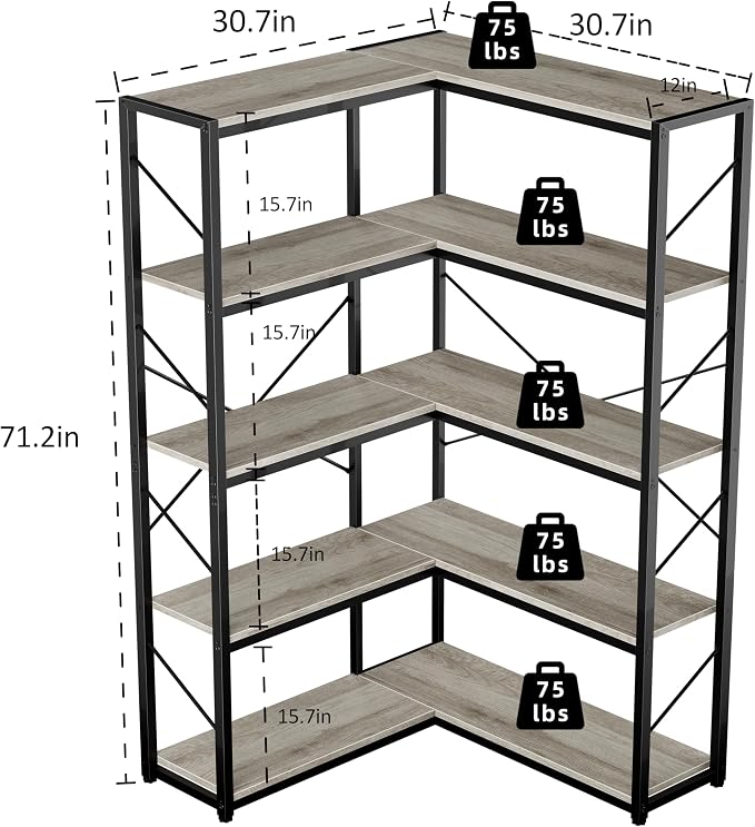 Shintenchi 5 Tier Corner Bookshelf,L Shaped Bookcase,Large Etagere Bookcase,Corner Shelf Display Storage Rack with Metal Frame for Living Room Bedroom Office,Grey