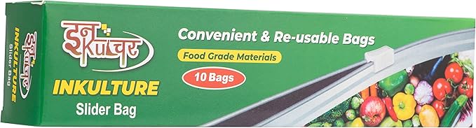 INKulture Premium quality Plastic Food Storage Re-Usable Bag Safe for Freezer & Microwave 10 Pcs (Clear) Size Extra Large(10" X 12")