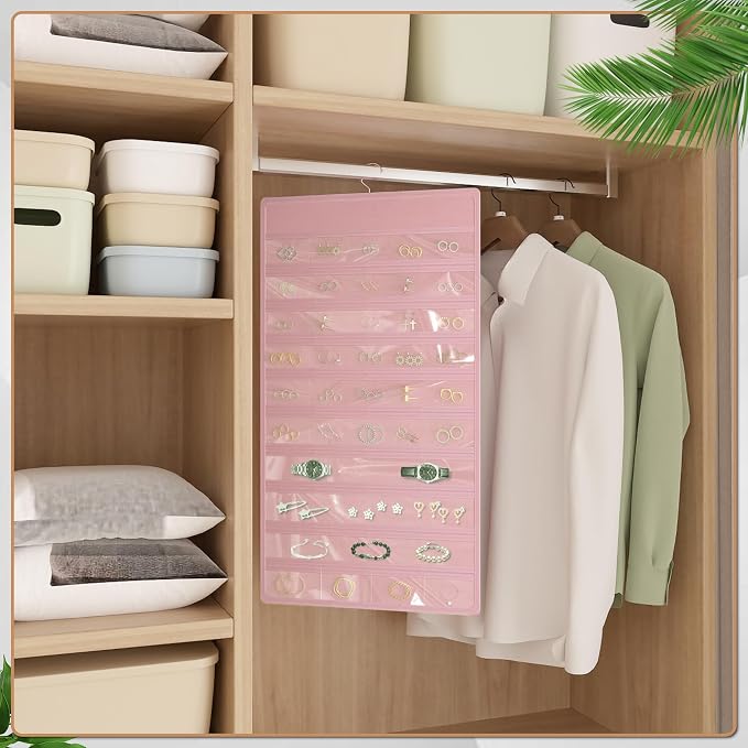 Hanging Jewelry Organizer, Double-Sided Necklaces Holder, Pink | 42 clear pockets organize rings & earrings; 36 wire necklace hooks reduce tangles; top hook hangs in closets, walls or doors.