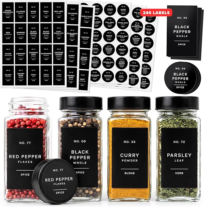 Minimalist Spice Jar Labels Self-Adhesive - 240 Stickers for Spice Jars, Spice Jars & Drawers, Round & Rectangular, Waterproof Spice Organiser Labels for Kitchen Organisation (Black)