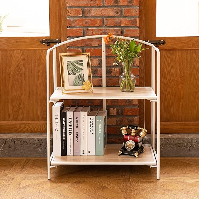 Crofy 2-Tier Foldable Bookshelf, White Frame & White Oak Shelves | No-Assembly Collapsible Portable Storage Organizer; Sturdy White Oak Finish Shelves; Ideal for Living Room & Home Office