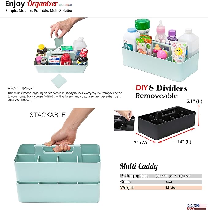 -Large Portable Caddy, DIY Dividers, 8 Compartments, School Office Supplies Home Business Organizer,Portable Basket with Handle Storage Organizer Modern Made in USA (6 PACK, Mint)