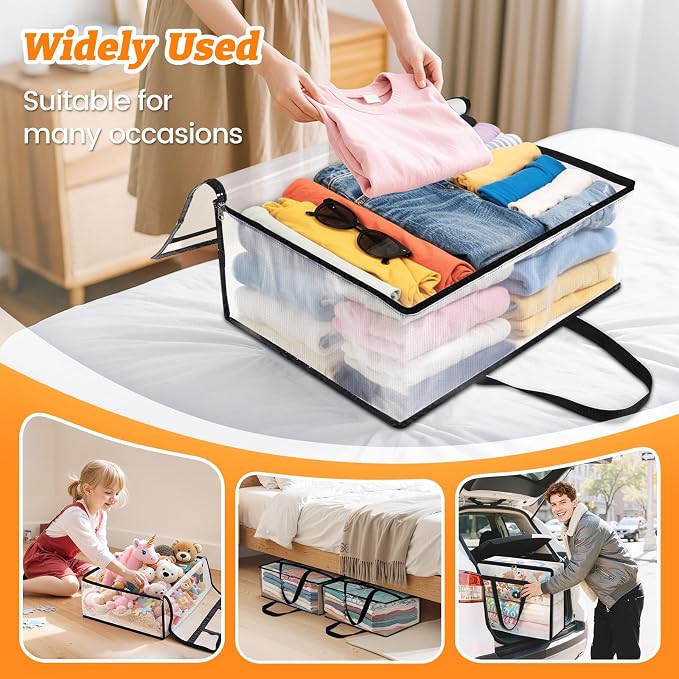 BlissTotes 6 Pack Clear Clothes Storage Bags, Moving Bags, Foldable Blanket Storage Under Bed Storage Containers with Sturdy Zipper and Handle for Clothing, Comforter, Bedding, Sheet (60L)