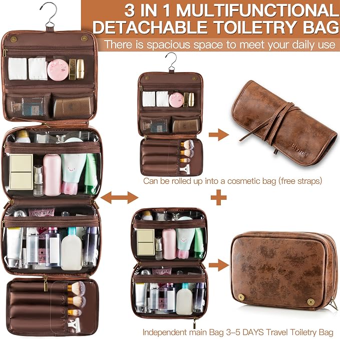 Elviros Hanging Toiletry Bag Removable Travel Bag PU leather Makeup Cosmetic Organizer Kit, Dark Brown | Removable Travel Organizer Bag for Cosmetics, Toiletries, Makeup Tools, and Daily Essentials with Easy Carry Design