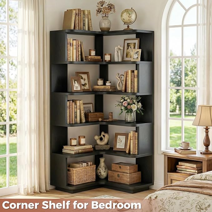 Besiost Corner Book Shelf, 6-Shelf Corner Bookshelf for Small Corner Spaces, L-Shape Bookcase Corner Display Shelf for Home Office, Living Room, Bedroom, Black