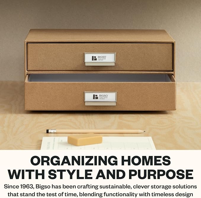Bigso Birger 2-Drawer Fiberboard Document Letter Box - Paper Storage Drawers for A4 and Letter Sized Documents - Desktop Drawers with Label Holder - W 13.1 x D 10 x H 5.7 (inches) - Kraft