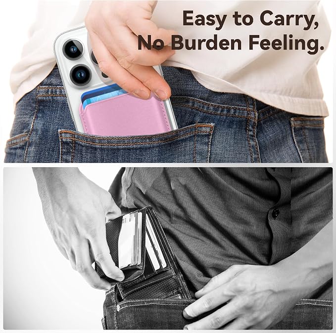 Magnetic Wallet Cell Phone Card Holder for Phone Case with Mag-Safe, Stronger Magnetic RFID Leather Phone Wallet Stick on Series of iPhone 17/16/15/14/13/12 and Pro/Promax, Pink
