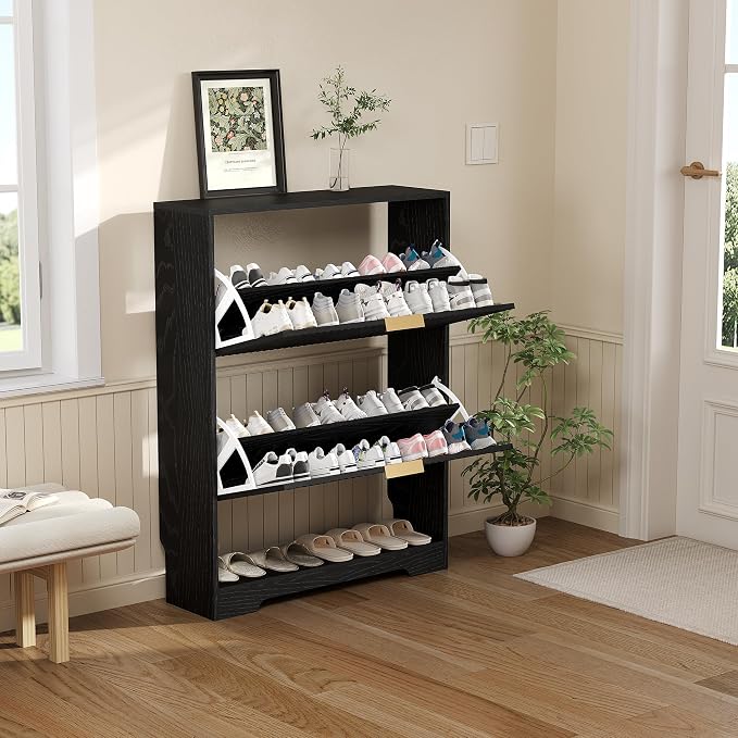 Garvee Shoe Storage Cabinet with 2 Flip Drawers,Slim Fluted Shoe Rack Cabinet with Open Storage,Wooden Hidden Shoe Rack Freestanding Narrow Shoes Organizer for Hallway, Entrance,Foyer,Black